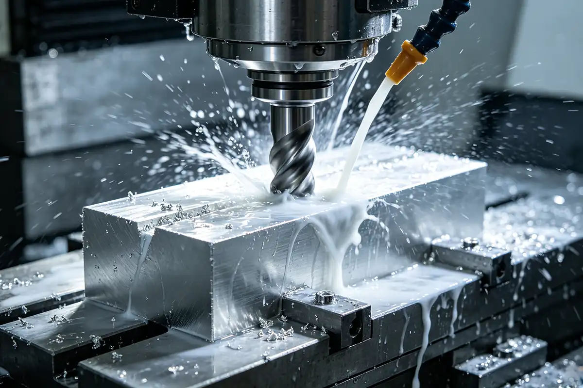 cnc milling machine cutting metal coolant CNC milling machine cutting aluminum part with cutting fluid flow, precision machining in progress at Conwhole CNC workshop