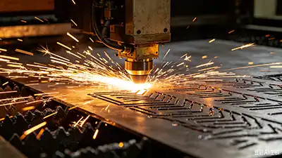 fiber laser cutting head in action cutting metal sheet with sparks fiber laser cutting head in action cutting metal sheet with sparks