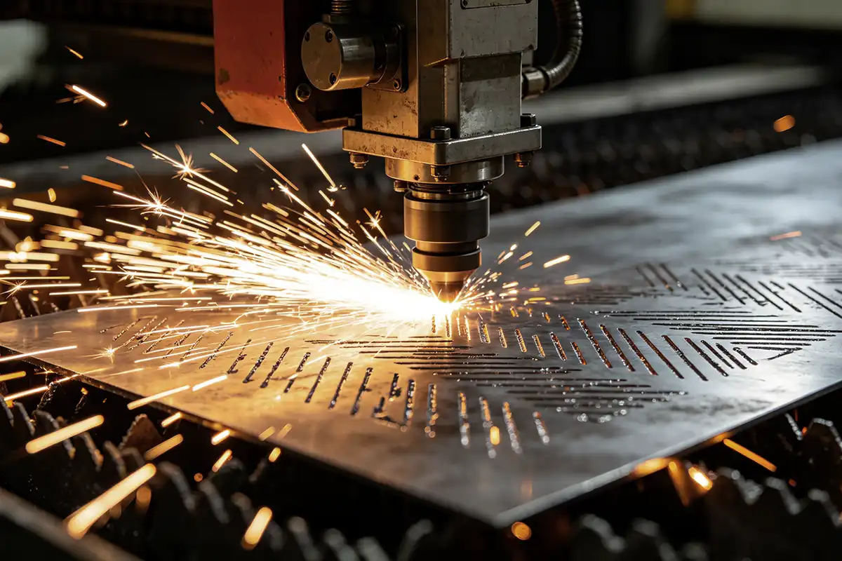 fiber laser cutting head metal sheet Fiber laser cutting head cutting through metal sheet with precision beam, showing nozzle and cutting line on carbon steel plate