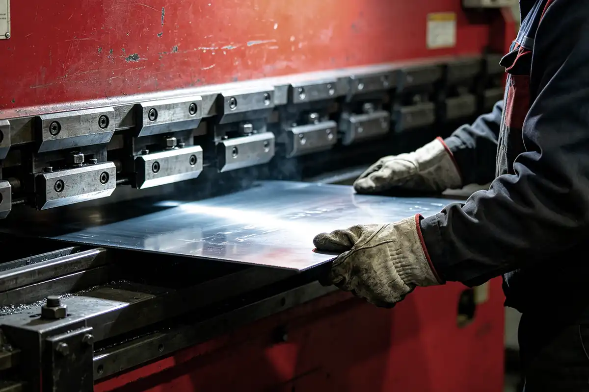 press brake bending metal sheet Press brake machine bending metal sheet into precise angle, sheet metal fabrication process with CNC back gauge