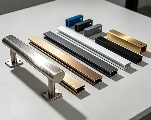 Architectural hardware with premium finishes — brushed stainless steel, color anodized aluminum, powder coated steel
