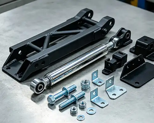 Automotive and industrial parts — zinc plated fasteners, hard chrome rods, black oxide steel, powder coated frames