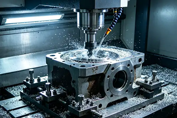 CNC machining of large gearbox housing for industrial equipment at Conwhole