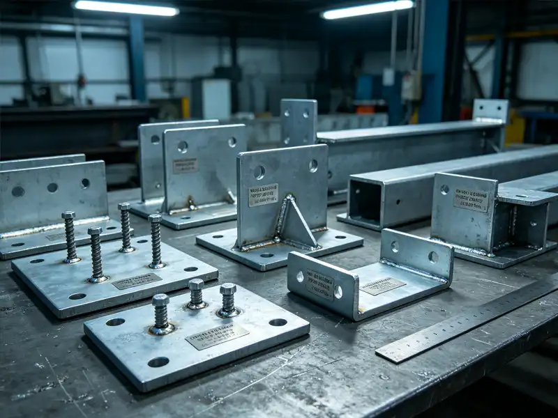Custom steel structural connectors, anchor plates, and base plates with hot-dip galvanized finish at Conwhole workshop