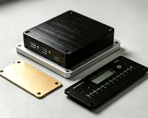 Anodized aluminum electronics components — housings, chassis plates, control panels with silkscreen printing