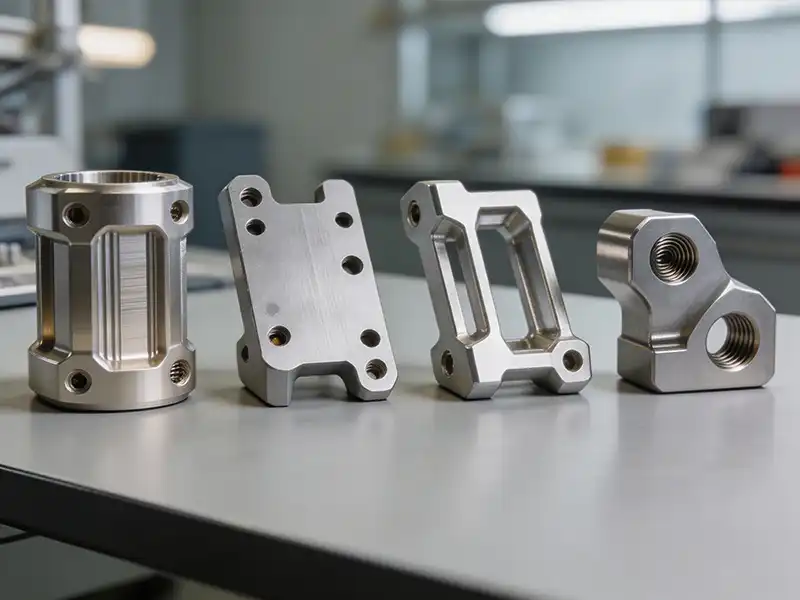 Precision CNC machined aluminum parts showing clean milled surfaces and tight tolerance features