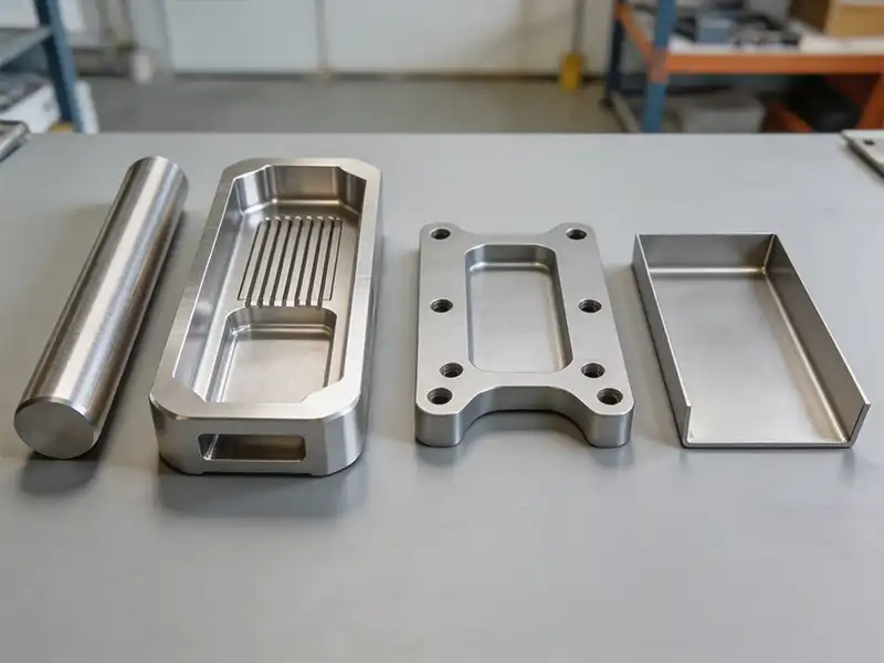 Raw aluminum bar stock and finished custom aluminum hardware components including machined, sheet metal, and anodized parts