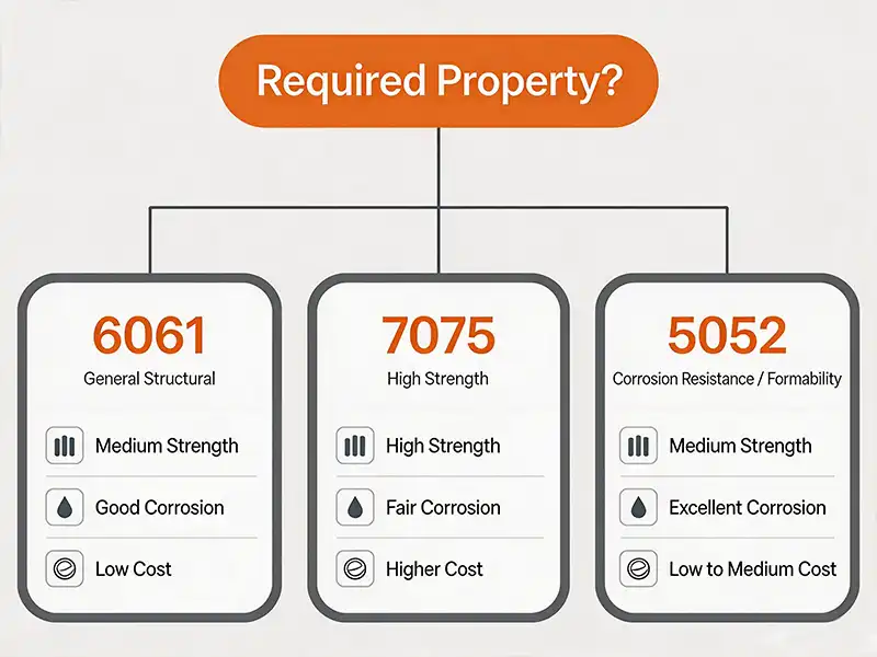Engineering decision tree diagram for selecting 6061, 7075, or 5052 aluminum alloys based on strength, corrosion, and formability