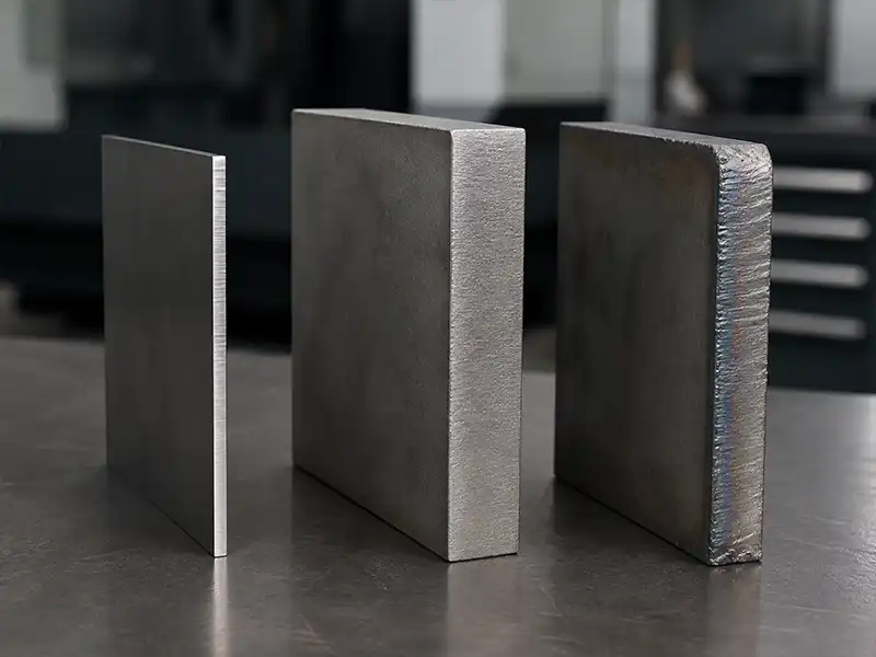 Three metal sample pieces showing laser, waterjet and plasma cut edge quality side by side