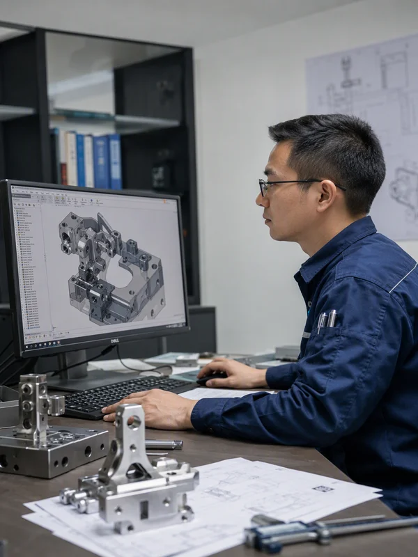 Senior mechanical engineer conducting 3D CAD DFM analysis for custom metal component at Conwhole