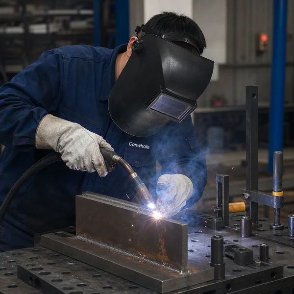 Skilled welder executing heavy FCAW multi-pass welding on structural steel frame at Conwhole