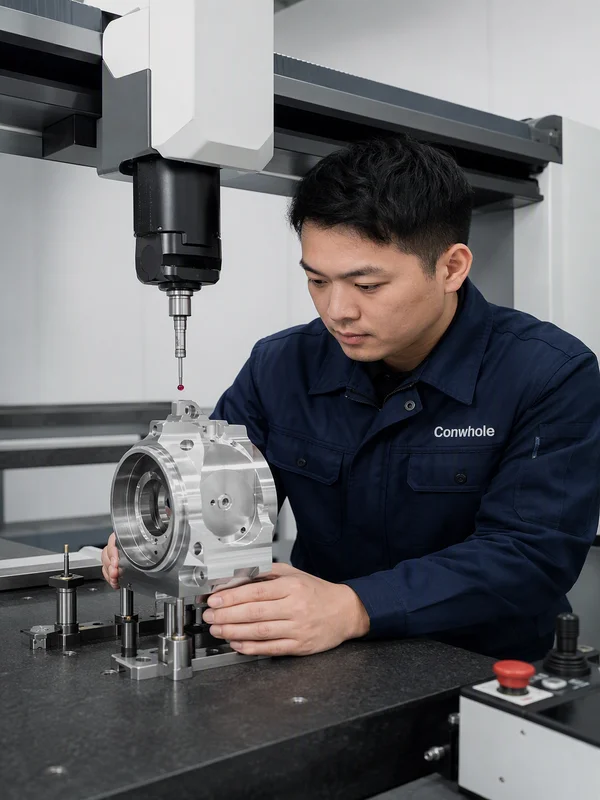 High precision CMM dimensional inspection of custom metal component at Conwhole