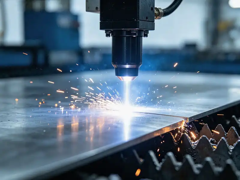 Close-up of a laser cutting nozzle piercing a metal plate