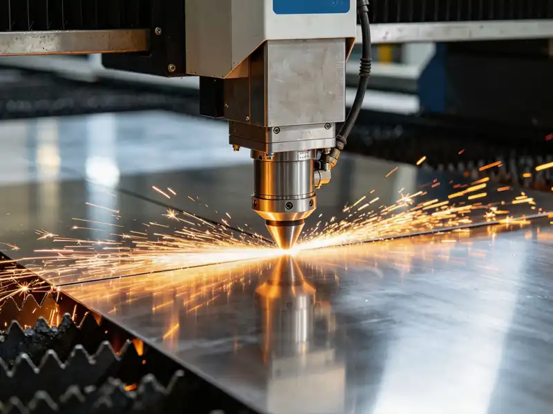 Fiber laser cutting head cutting a stainless steel sheet with sparks
