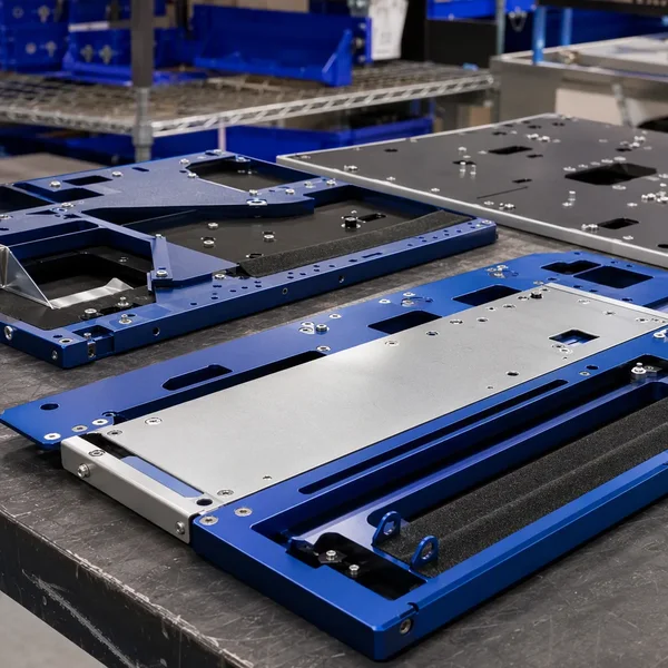 Anodized and powder coated small batch custom metal components ready for shipment at Conwhole