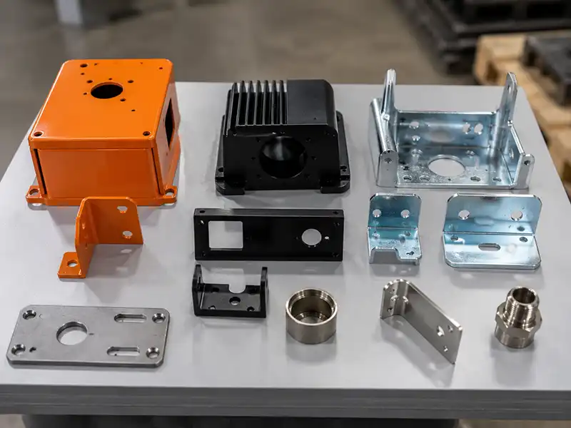 Assorted custom metal hardware parts with different surface finishes including powder coated, anodized, zinc plated, and passivated samples
