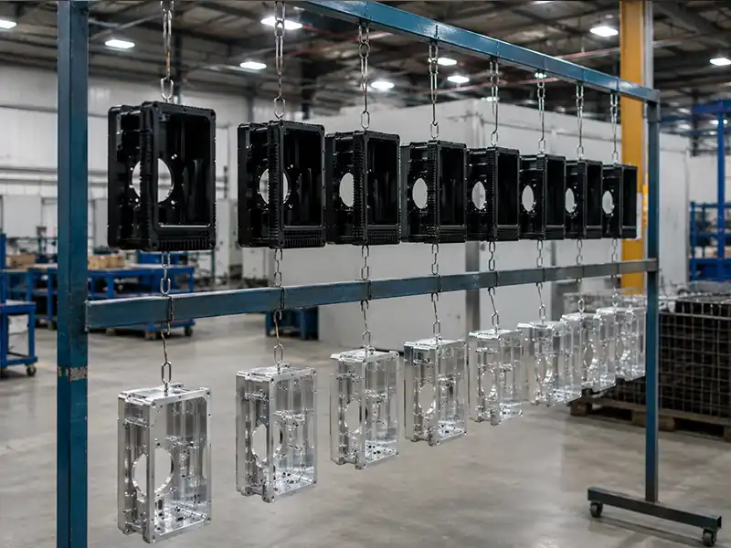 Operator applying uniform powder coating spray to steel enclosure in industrial finishing booth next to anodized aluminum components