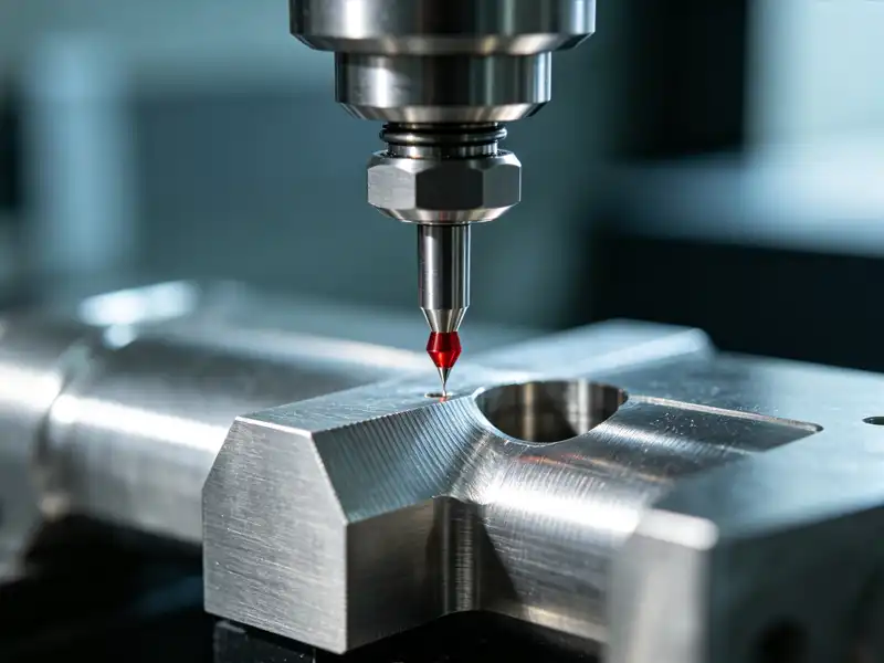 CMM probe touching a precision metal part for dimensional measurement