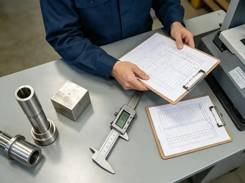 Quality inspector reviewing a first article inspection report against a machined part