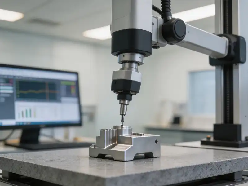 Coordinate measuring machine probing a machined metal component on a granite inspection table