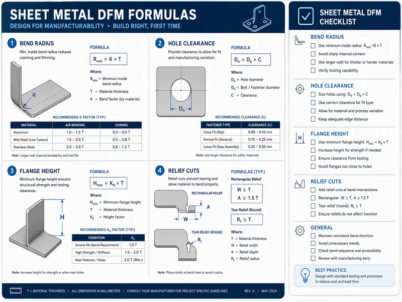Engineering DFM rules checklist diagram for sheet metal bending radius, flange height, and hole clearance
