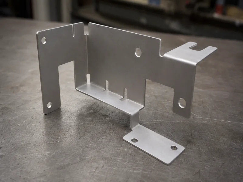 Precision laser cut sheet metal bracket featuring rectangular bend relief slots and correct hole-to-bend clearance