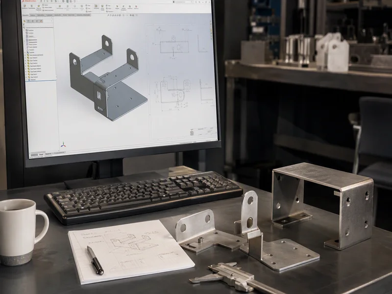Sheet metal DFM engineering drawing blueprint displayed on workstation monitor next to precision bent hardware parts