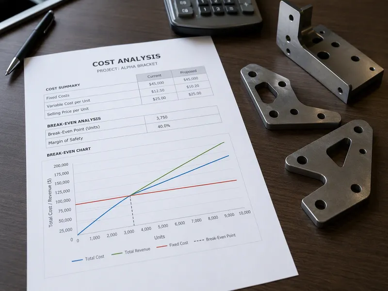 Breakeven volume cost analysis chart for metal manufacturing at Conwhole