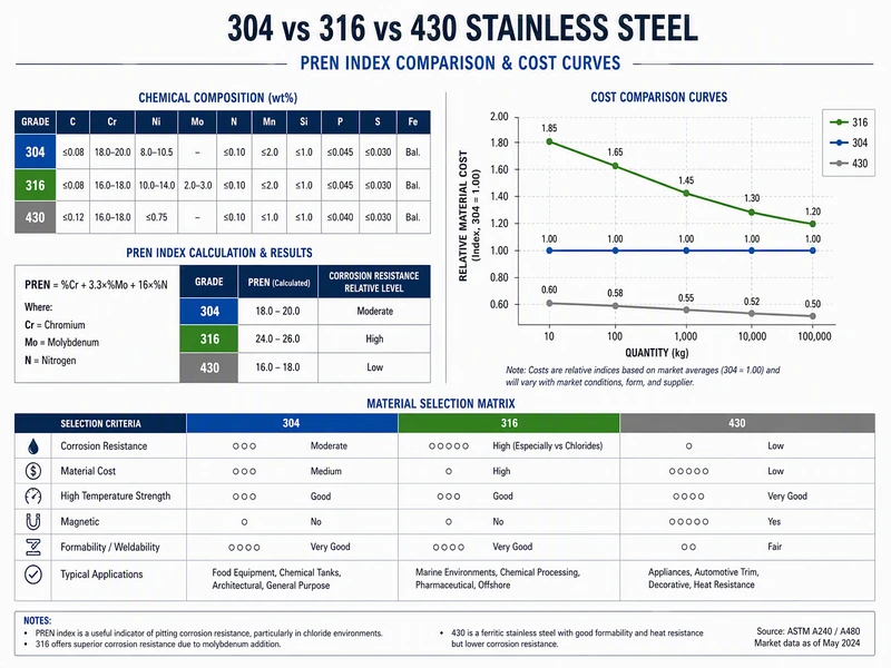 Material selection decision tree comparing PREN cost and corrosion resistance across stainless steel alloys at Conwhole