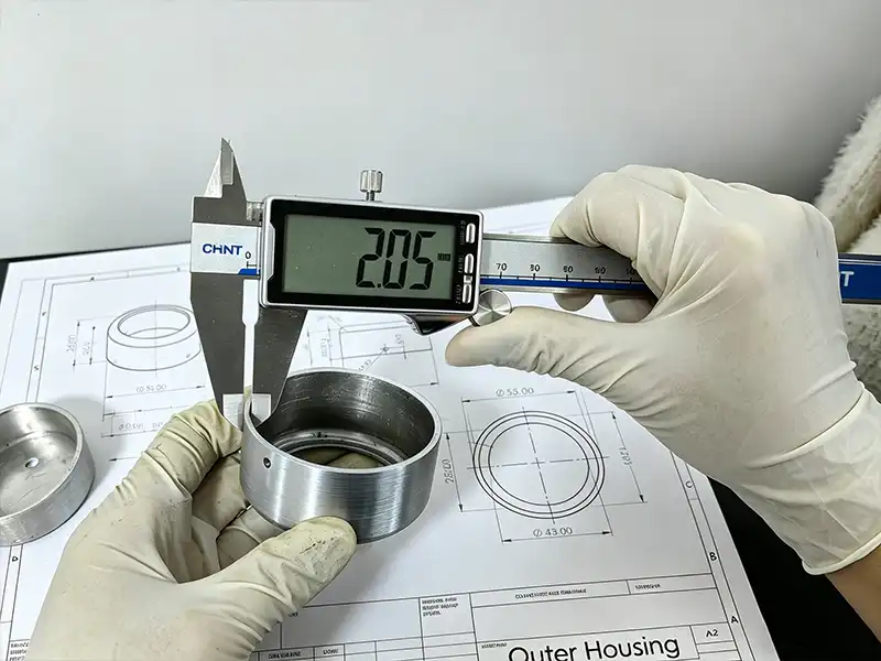 Precision sheet metal part inspected with a digital caliper next to an engineering drawing