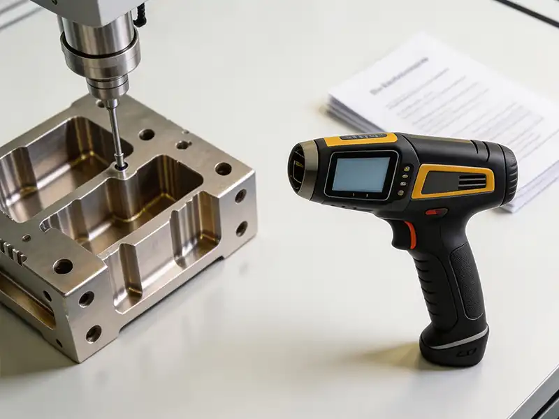 Coordinate measuring machine inspecting a machined metal component in a factory quality control lab