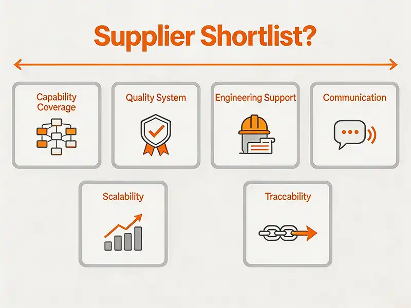 Engineering decision flow diagram for evaluating metal fabrication suppliers across six criteria