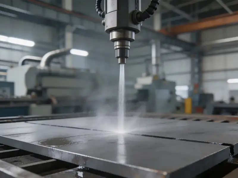 High-pressure waterjet cutting a thick steel plate with abrasive stream