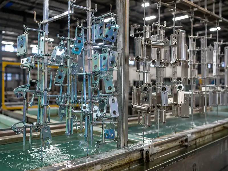 Batch of zinc plated steel fasteners and passivated stainless steel parts on electroplating rack line
