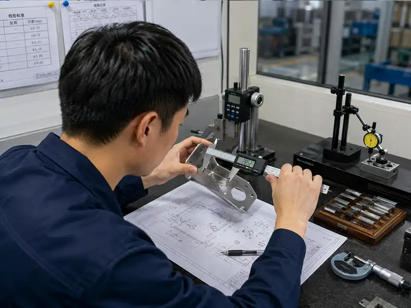 Conwhole engineer reviewing a metal part drawing against a finished component for quality control